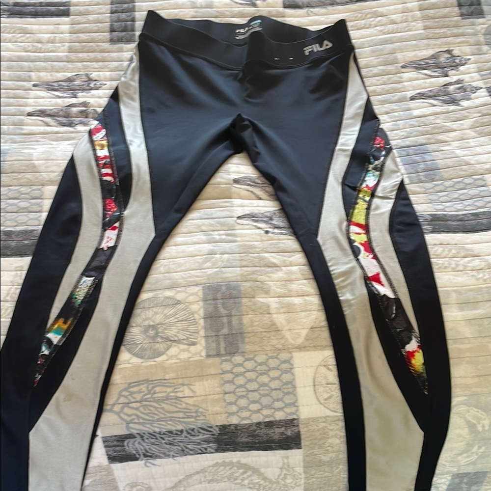 Fila Black and Gray Leggings with Colorful Accents